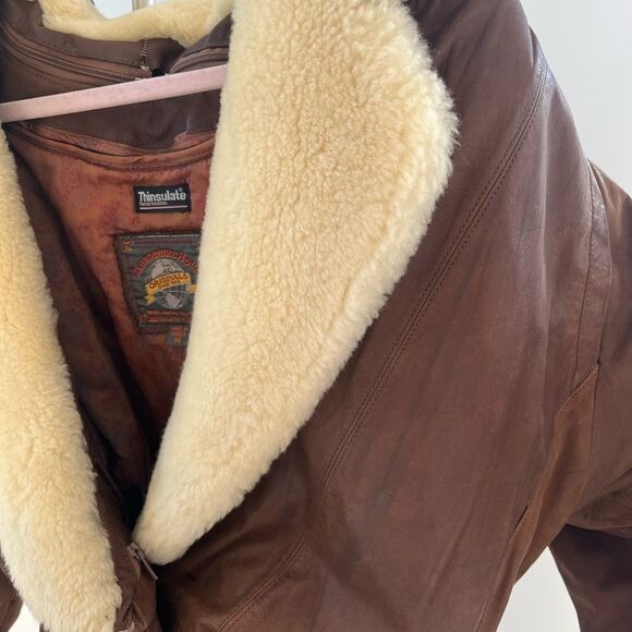 Vintage 70’s brown genuine leather shearling biker motorbike bomber  jacket M - Picture 4 of 16